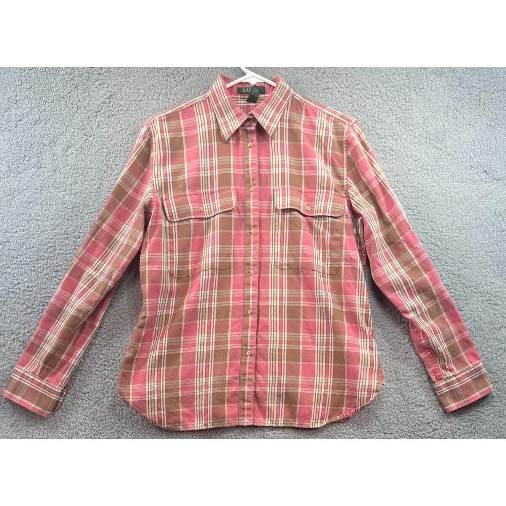 Lauren‎ Ralph Lauren Shirt Size Large Plaid Pink White Brown  Button Up Womens